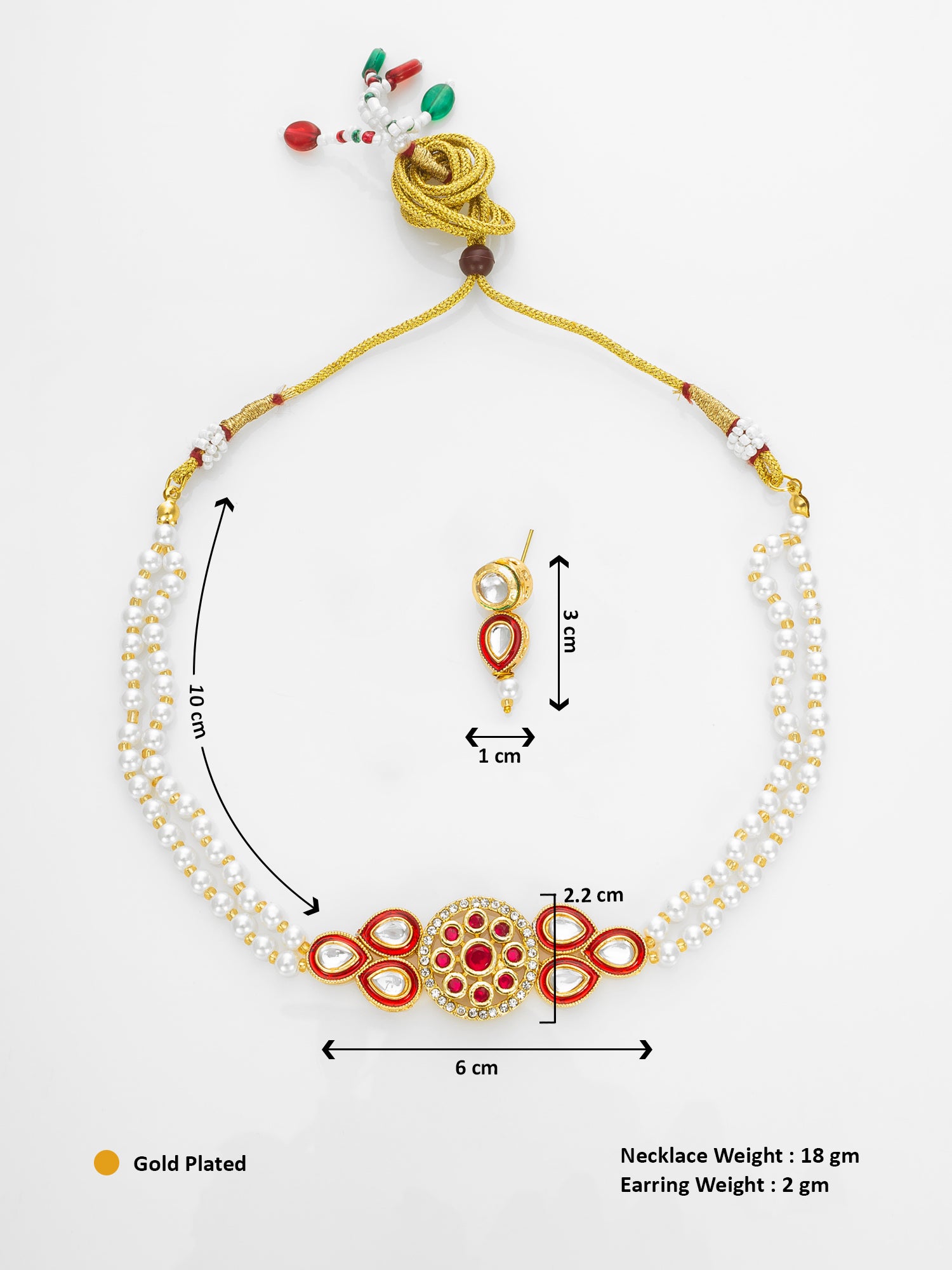 Aadita Gold Plated Red & White Pearl Beaded Kundan Necklace Set for Women