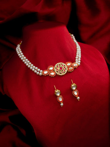 Aadita Gold Plated Red & White Pearl Beaded Kundan Necklace Set for Women