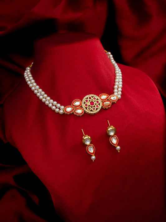 Aadita Gold Plated Red & White Pearl Beaded Kundan Necklace Set for Women