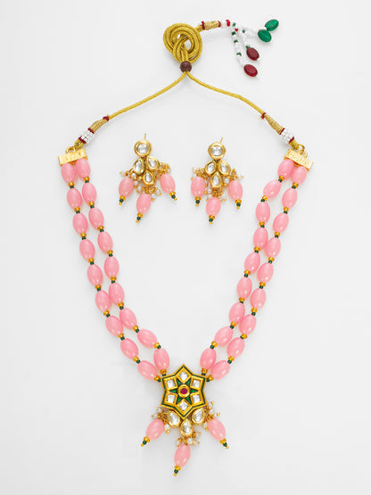 Aadita Gold Plated Kundan & Beads Designer Pink Necklace Set for Women