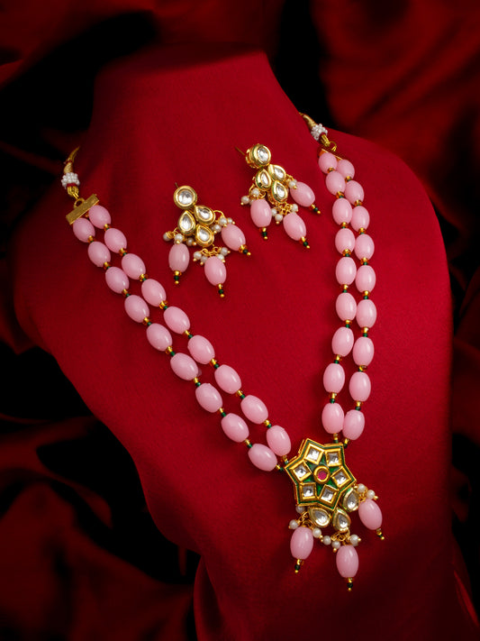 Aadita Gold Plated Kundan & Beads Designer Pink Necklace Set for Women
