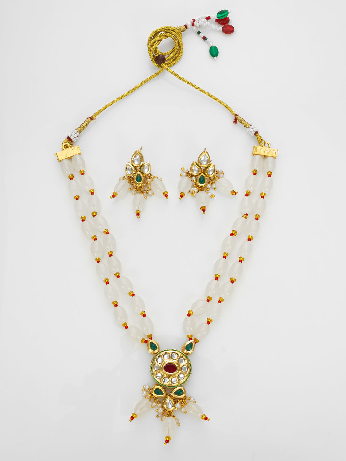 Gold Plated White Beads Kundan Necklace Set with Earrings