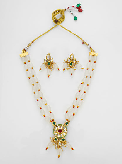 Aadita Gold Plated White Beads Kundan Necklace Set with Earrings