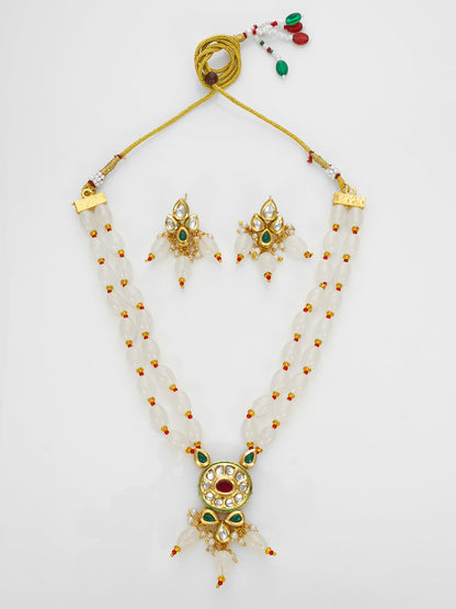 Aadita Gold Plated White Beads Kundan Necklace Set with Earrings WNK4761