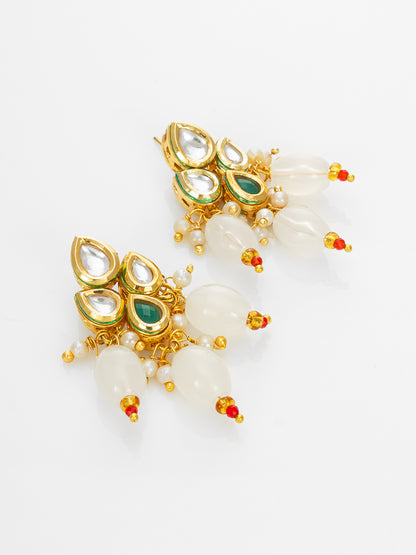 Aadita Gold Plated White Beads Kundan Necklace Set with Earrings