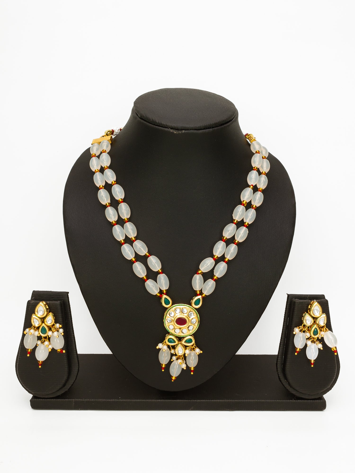 Aadita Gold Plated White Beads Kundan Necklace Set with Earrings