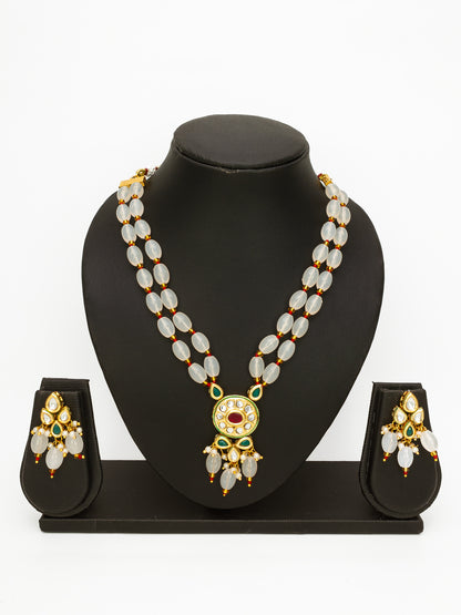 Aadita Gold Plated White Beads Kundan Necklace Set with Earrings