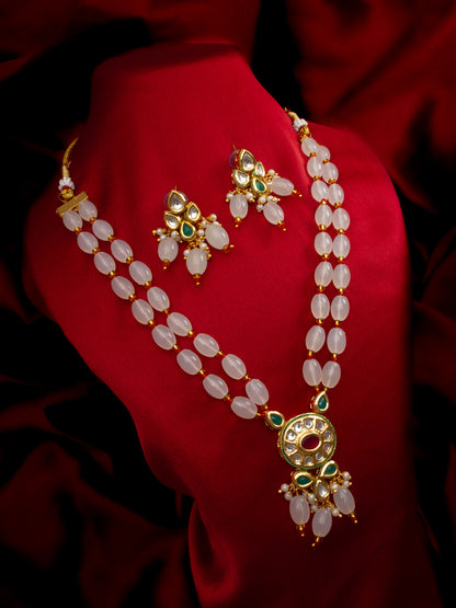 Aadita Gold Plated White Beads Kundan Necklace Set with Earrings