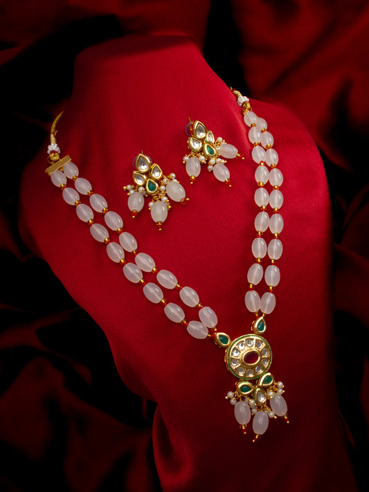 Aadita Gold Plated White Beads Kundan Necklace Set with Earrings
