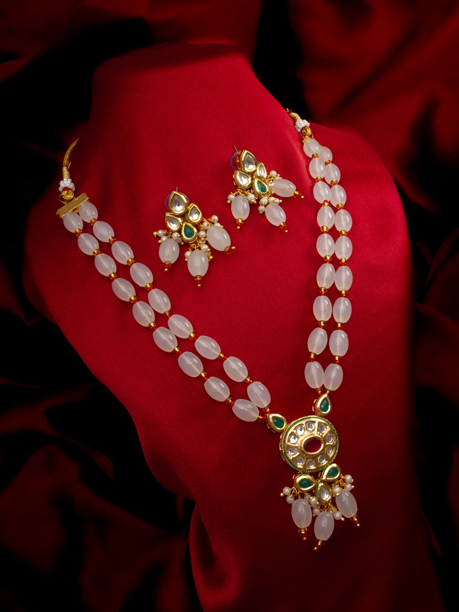 Aadita Gold Plated White Beads Kundan Necklace Set with Earrings WNK4761