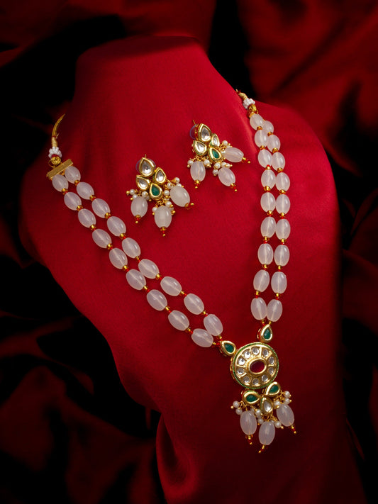 Aadita Gold Plated White Beads Kundan Necklace Set with Earrings WNK4761