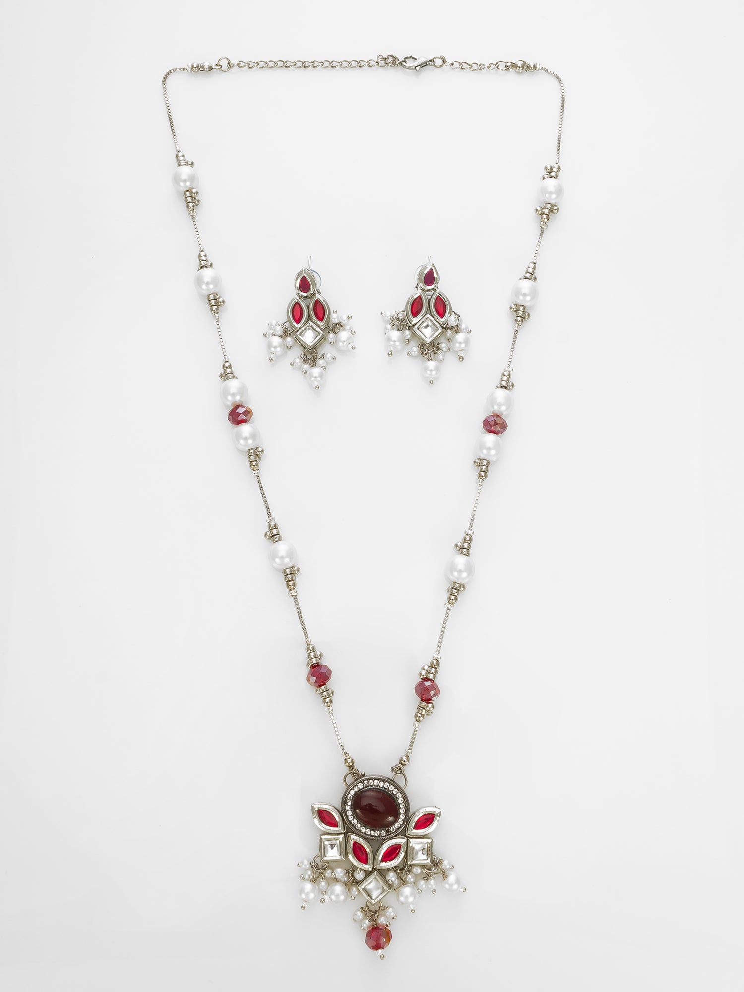Aadita Silver Plated Red & White Kundan Pearl Beaded Necklace Set