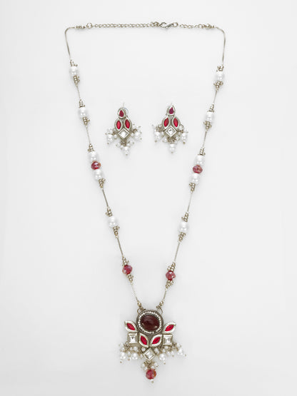 Aadita Silver Plated Red & White Kundan Pearl Beaded Necklace Set