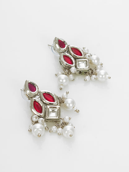 Aadita Silver Plated Red & White Kundan Pearl Beaded Necklace Set