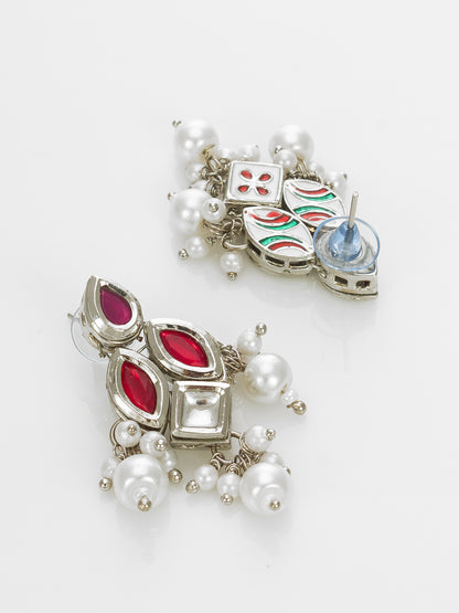Aadita Silver Plated Red & White Kundan Pearl Beaded Necklace Set