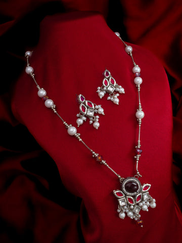 Aadita Silver Plated Red & White Kundan Pearl Beaded Necklace Set