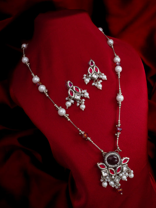 Aadita Silver Plated Red & White Kundan Pearl Beaded Necklace Set