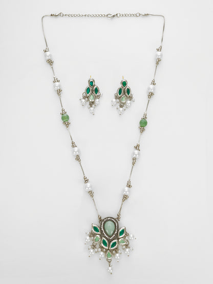 Aadita Silver Plated Green & White Beaded Kundan Pearl Necklace Set