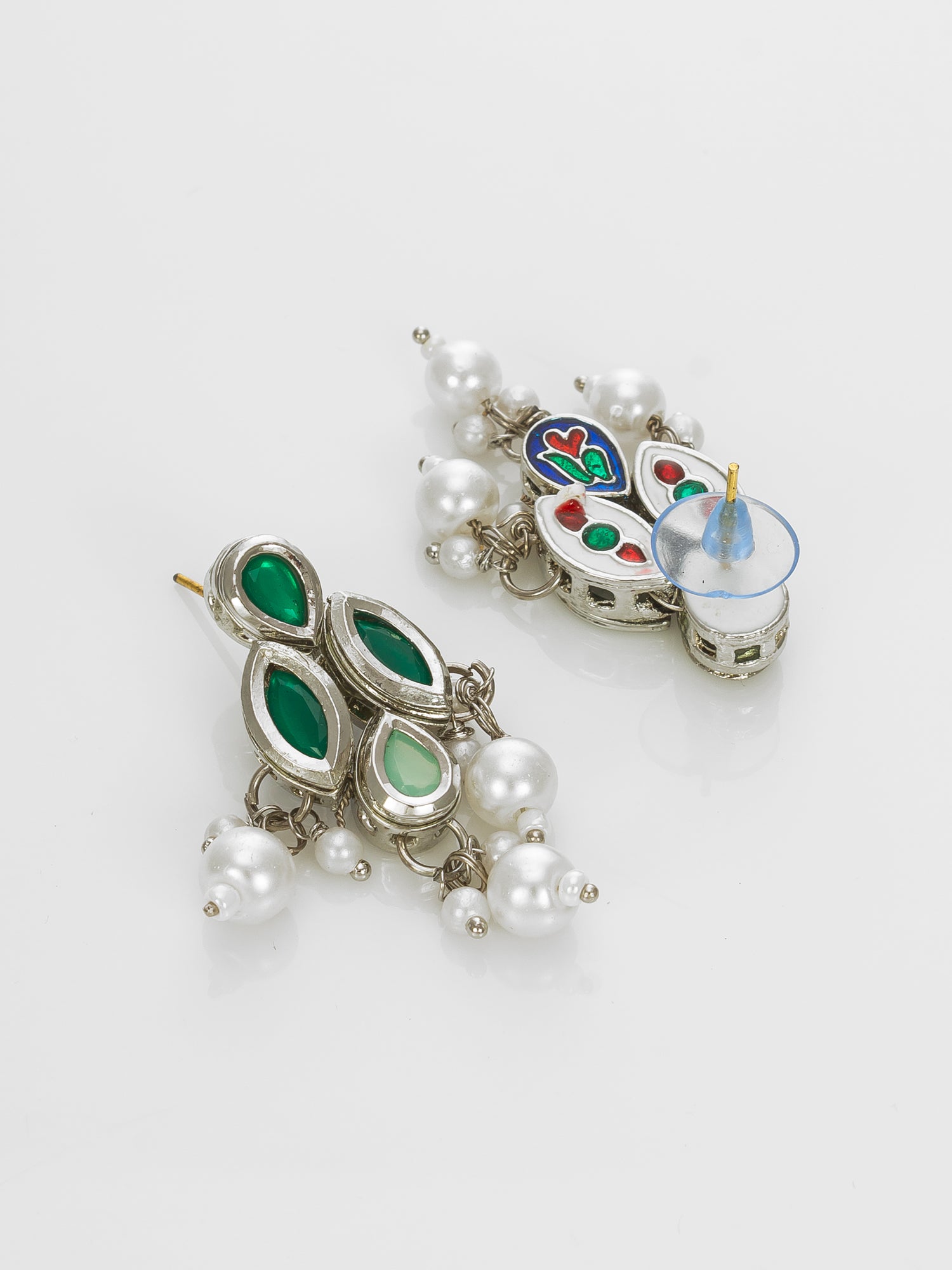 Aadita Silver Plated Green & White Beaded Kundan Pearl Necklace Set