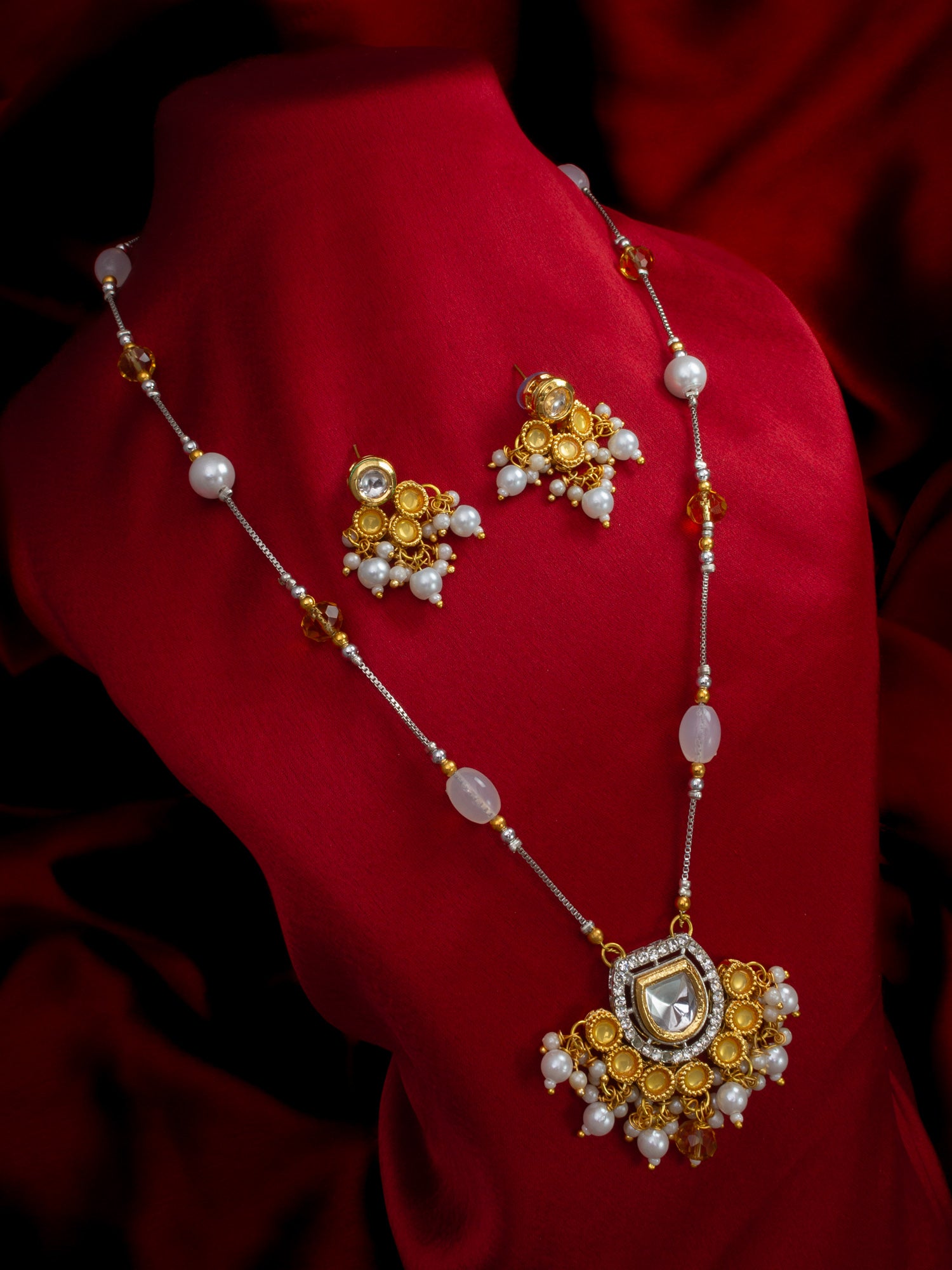 Aadita Gold-Silver Plated Pearl Beaded Designer Necklace Set
