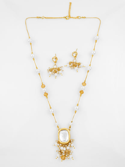 Aadita Gold Plated Pearl Kundan Necklace Set with White Marble Finish Stones
