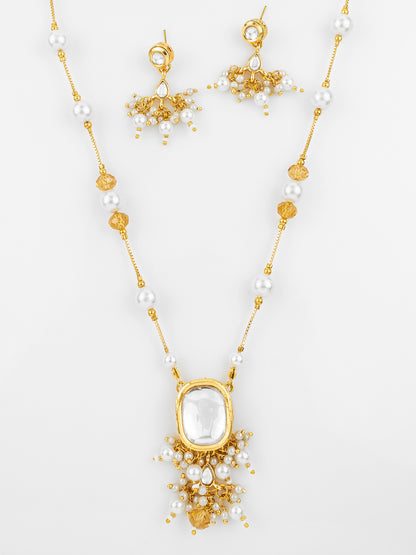 Aadita Gold Plated Pearl Kundan Necklace Set with White Marble Finish Stones
