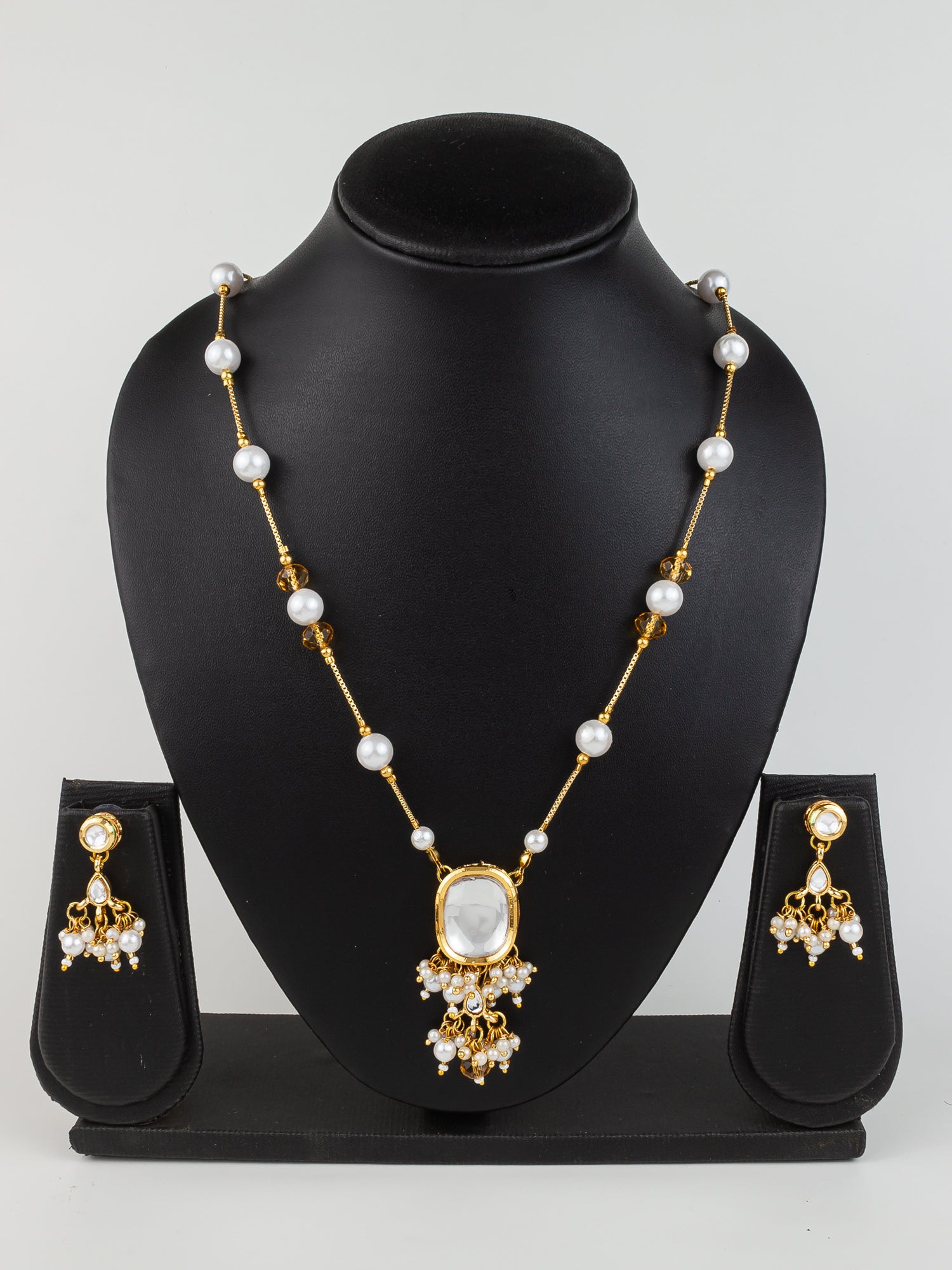 Aadita Gold Plated Pearl Kundan Necklace Set with White Marble Finish Stones