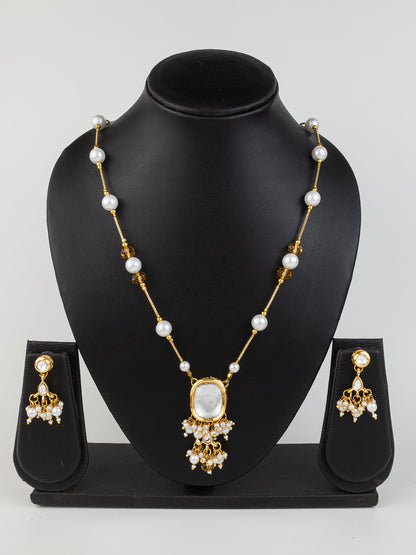 Aadita Gold Plated Pearl Kundan Necklace Set with White Marble Finish Stones