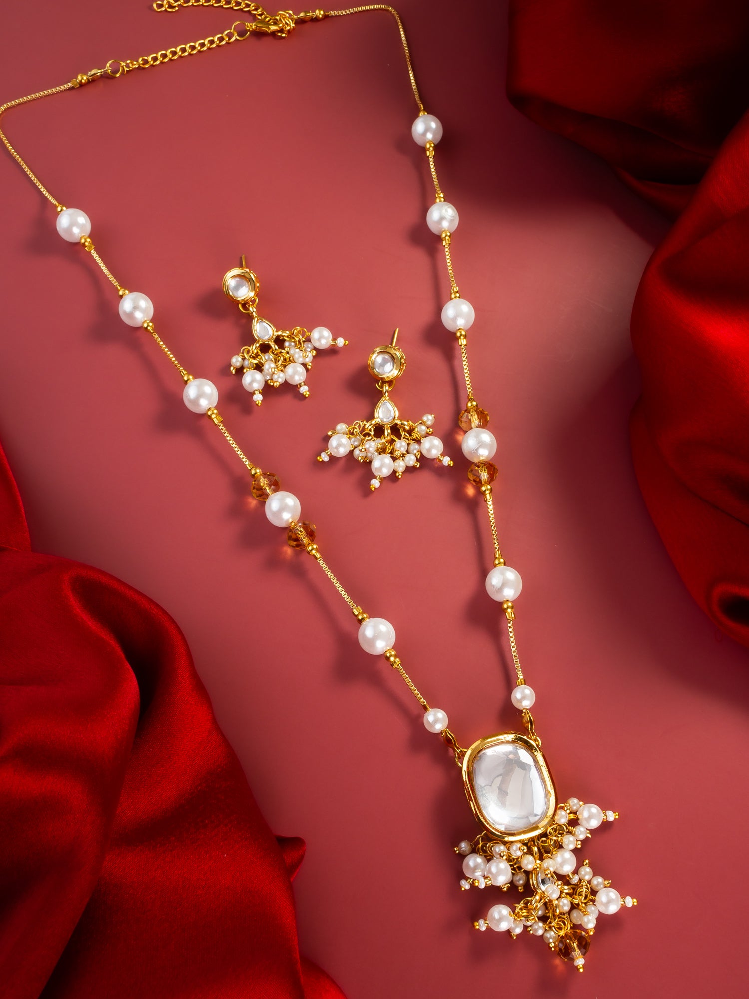 Aadita Gold Plated Pearl Kundan Necklace Set with White Marble Finish Stones