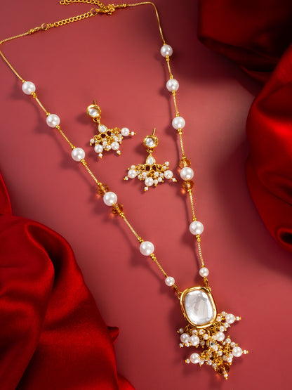 Aadita Gold Plated Pearl Kundan Necklace Set with White Marble Finish Stones