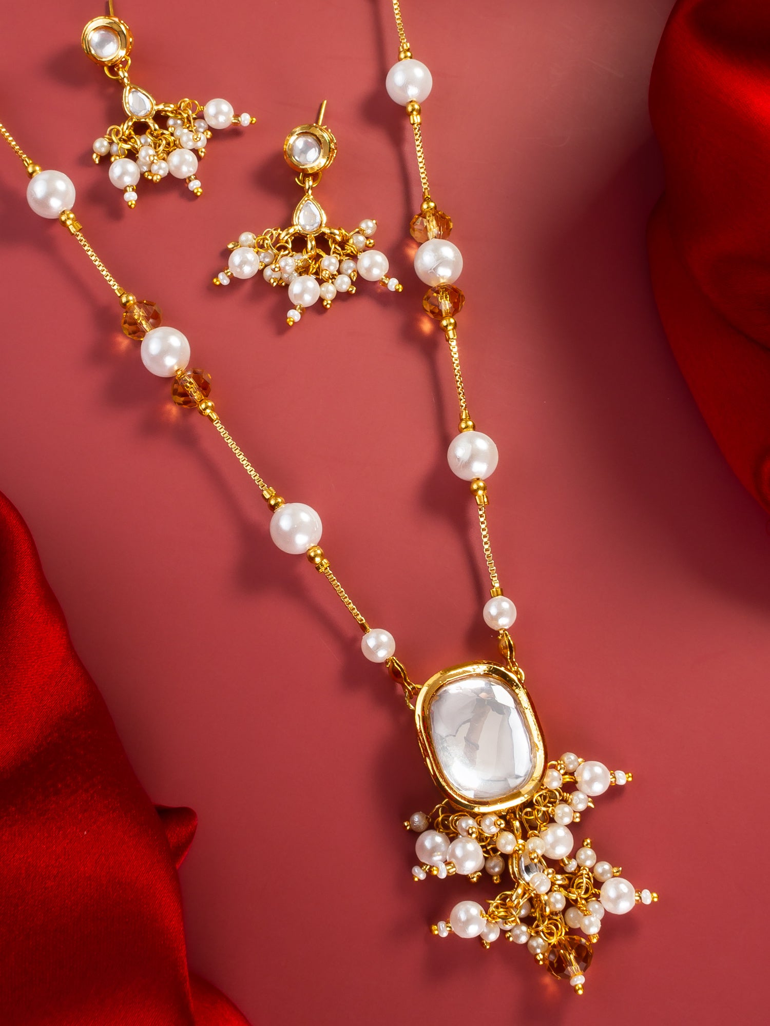 Aadita Gold Plated Pearl Kundan Necklace Set with White Marble Finish Stones