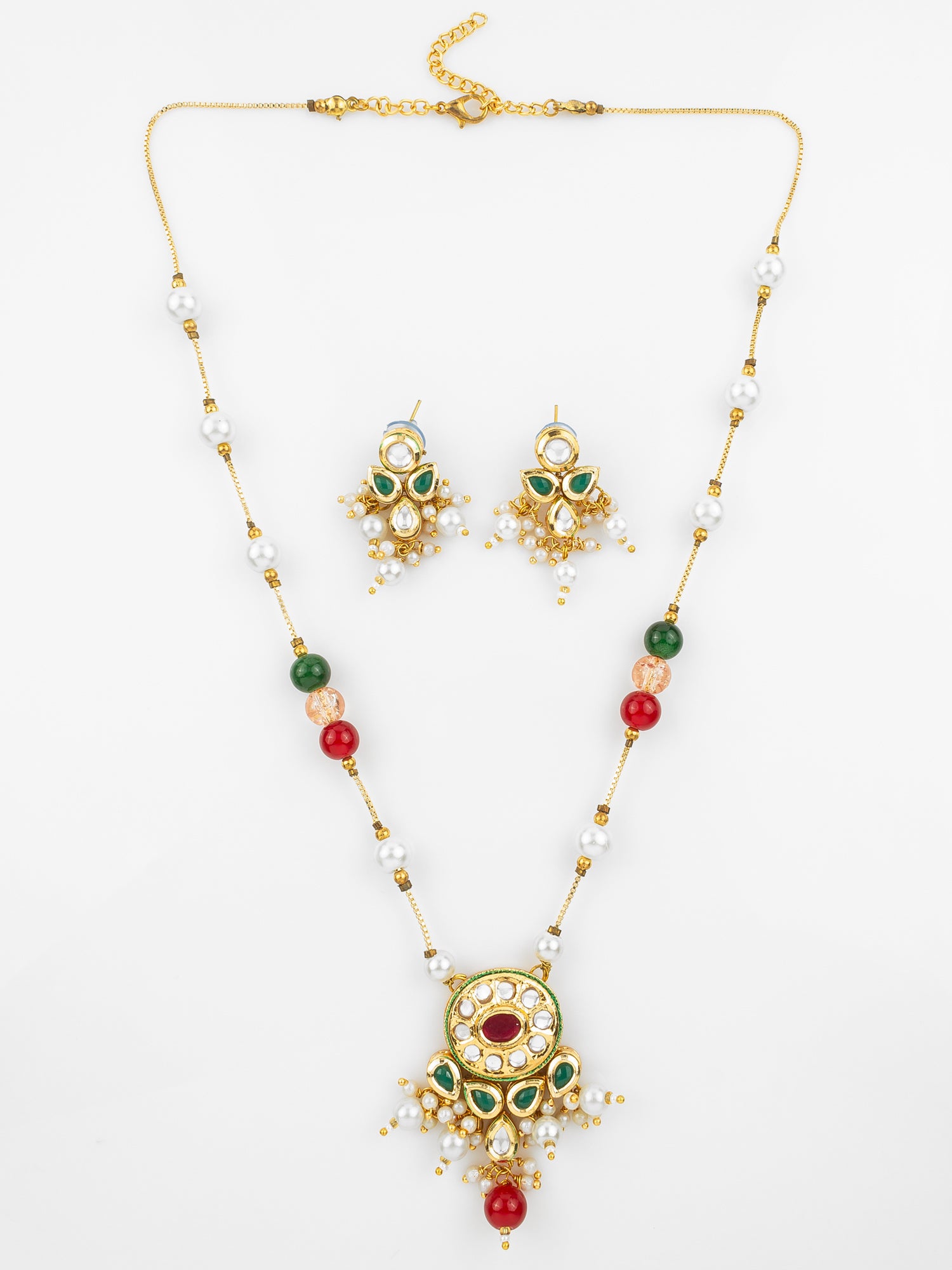 Aadita Gold Plated Multicolor Kundan & Pearl Beaded Traditional Necklace Set