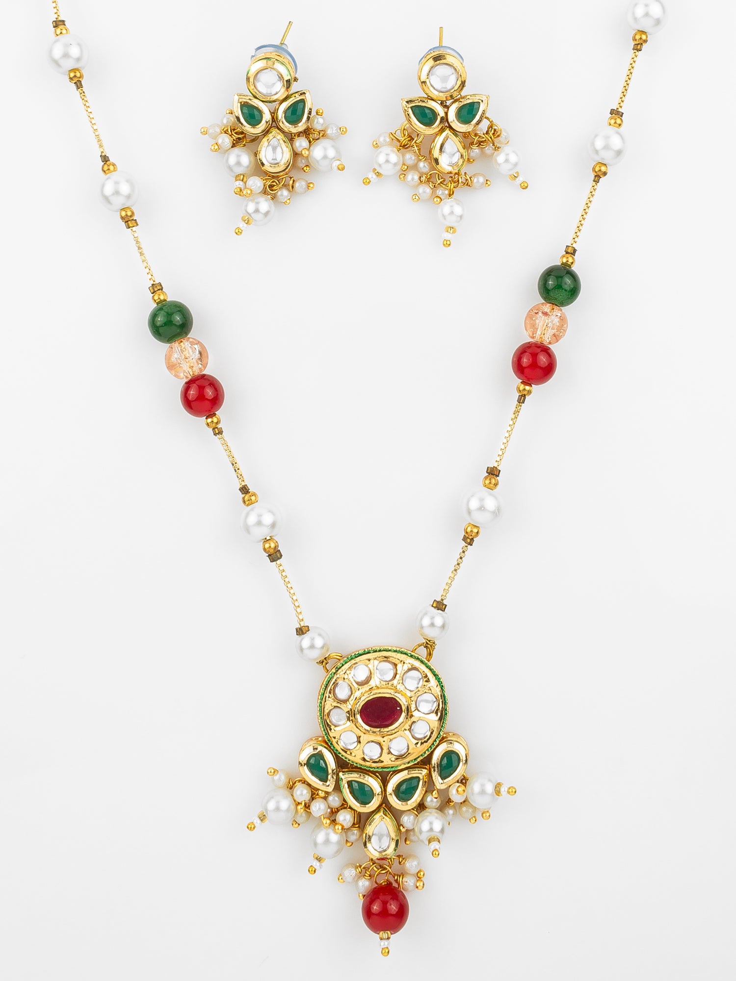 Aadita Gold Plated Multicolor Kundan & Pearl Beaded Traditional Necklace Set