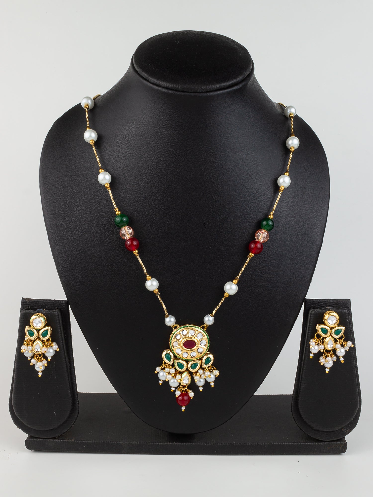 Aadita Gold Plated Multicolor Kundan & Pearl Beaded Traditional Necklace Set