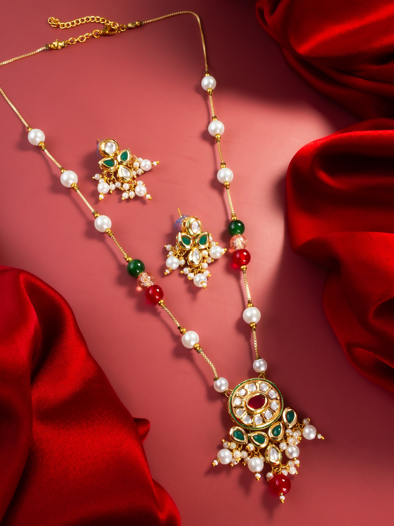 Aadita Gold Plated Multicolor Kundan & Pearl Beaded Traditional Necklace Set