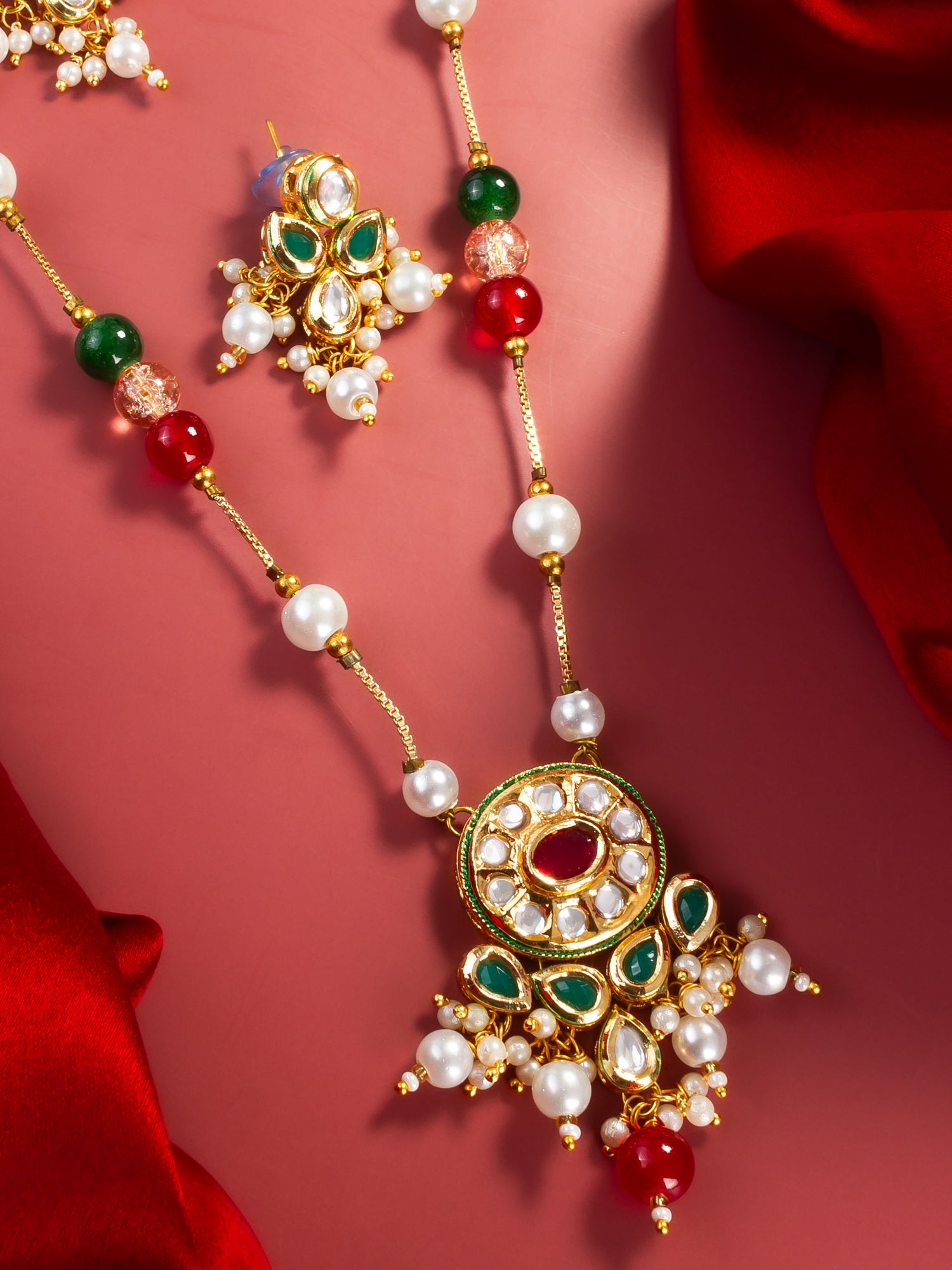 Aadita Gold Plated Multicolor Kundan & Pearl Beaded Traditional Necklace Set