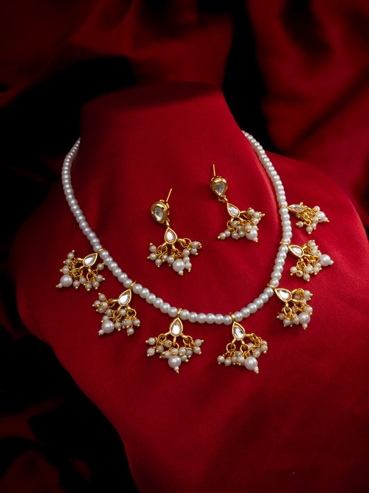 Aadita Gold Plated Pearl Beads & Kundan Choker Necklace Set for Women & Girls
