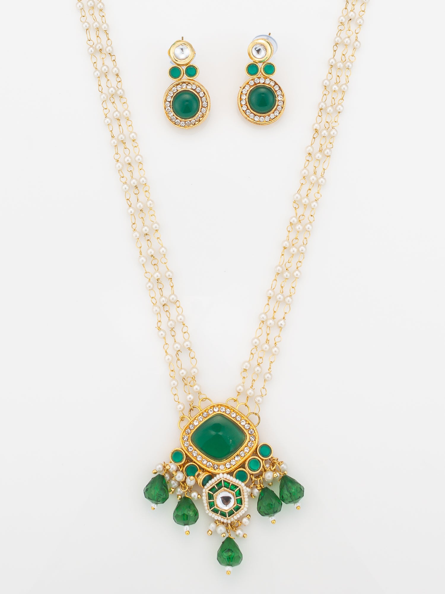 Aadita Green & White Gold Plated Traditional Necklace Set