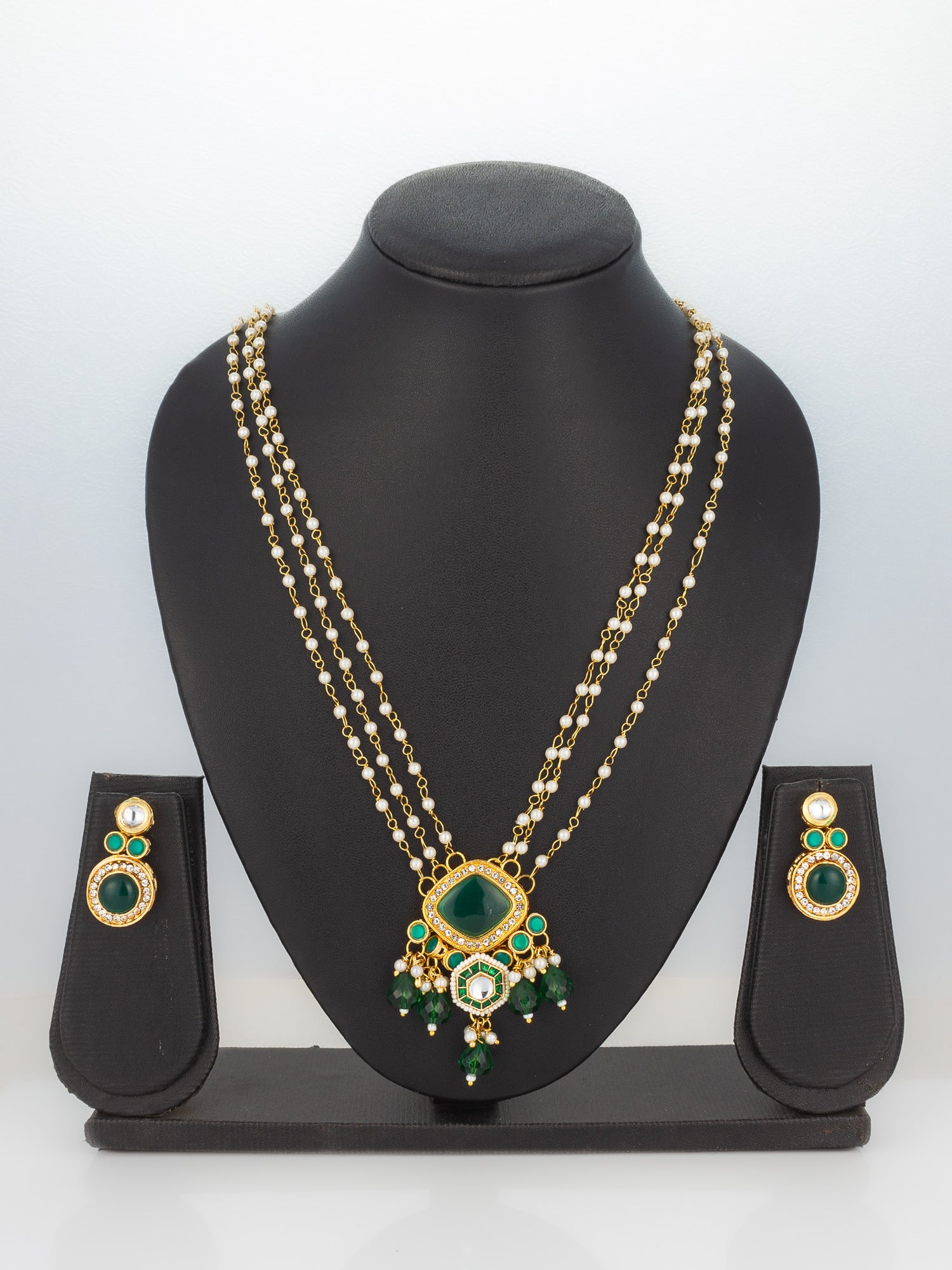 Aadita Green & White Gold Plated Traditional Necklace Set