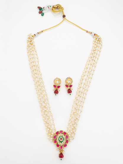 Aadita Red & Green Kundan Gold Plated Pearl Layered Necklace Set