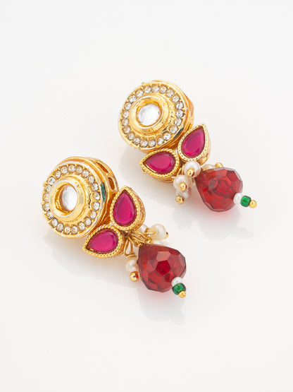 Aadita Red & Green Kundan Gold Plated Pearl Layered Necklace Set