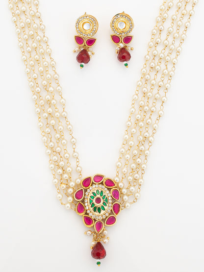 Aadita Red & Green Kundan Gold Plated Pearl Layered Necklace Set