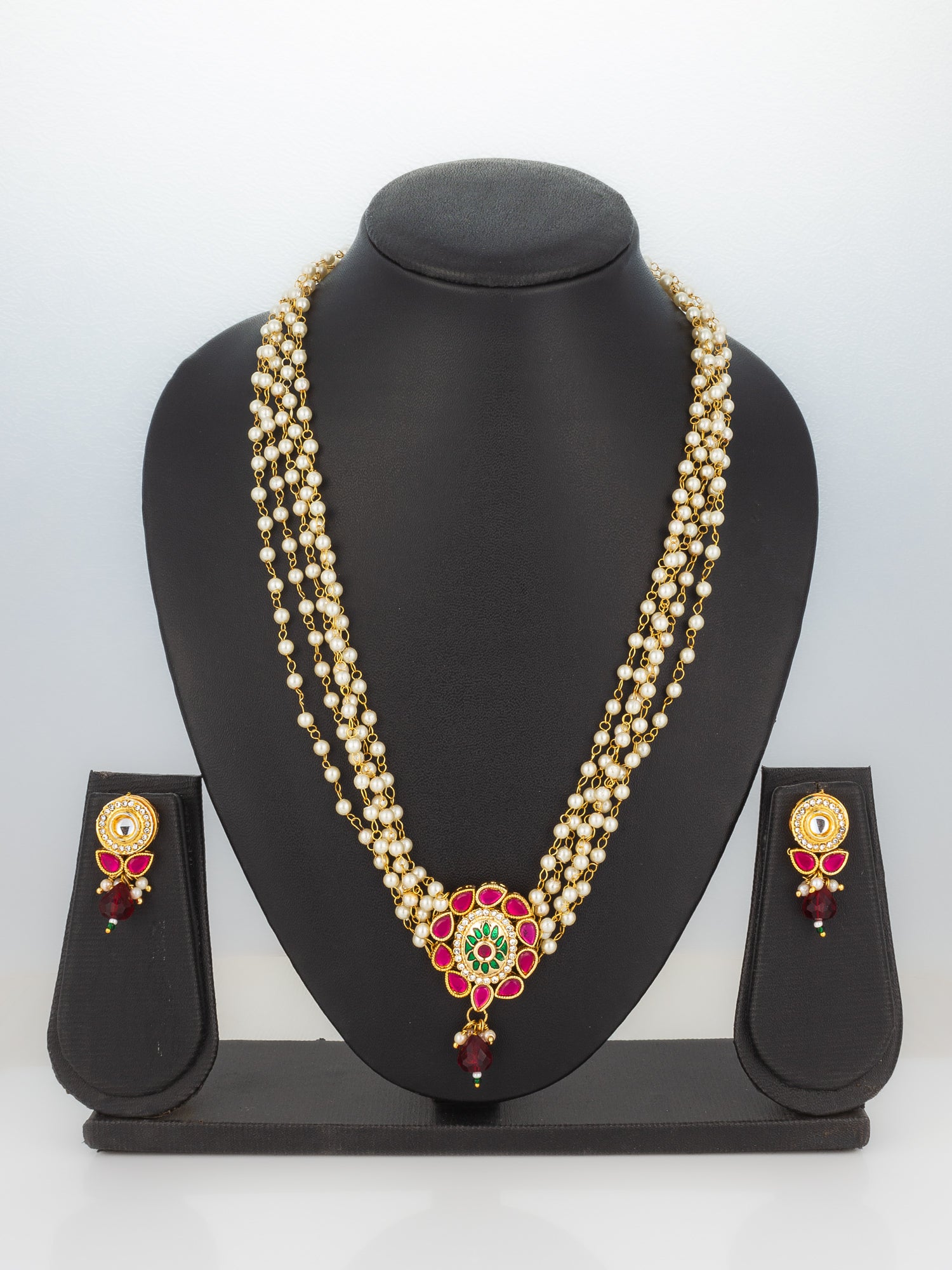 Aadita Red & Green Kundan Gold Plated Pearl Layered Necklace Set