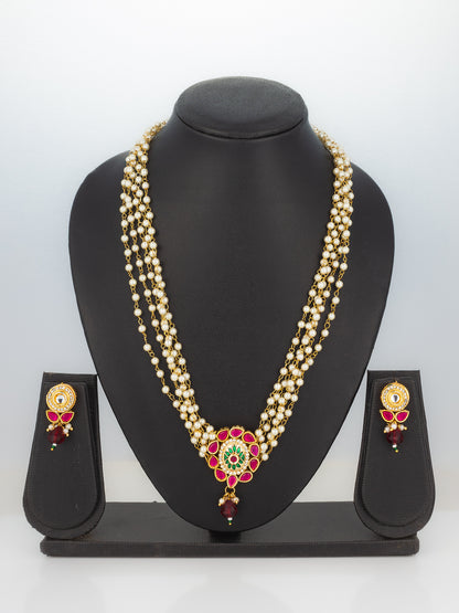 Aadita Red & Green Kundan Gold Plated Pearl Layered Necklace Set