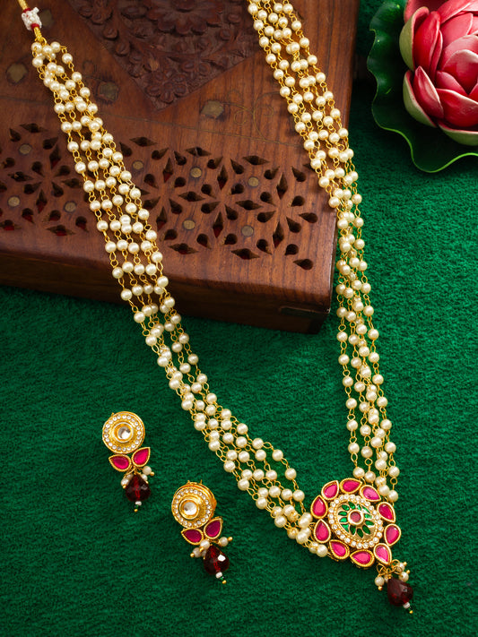 Aadita Red & Green Kundan Gold Plated Pearl Layered Necklace Set