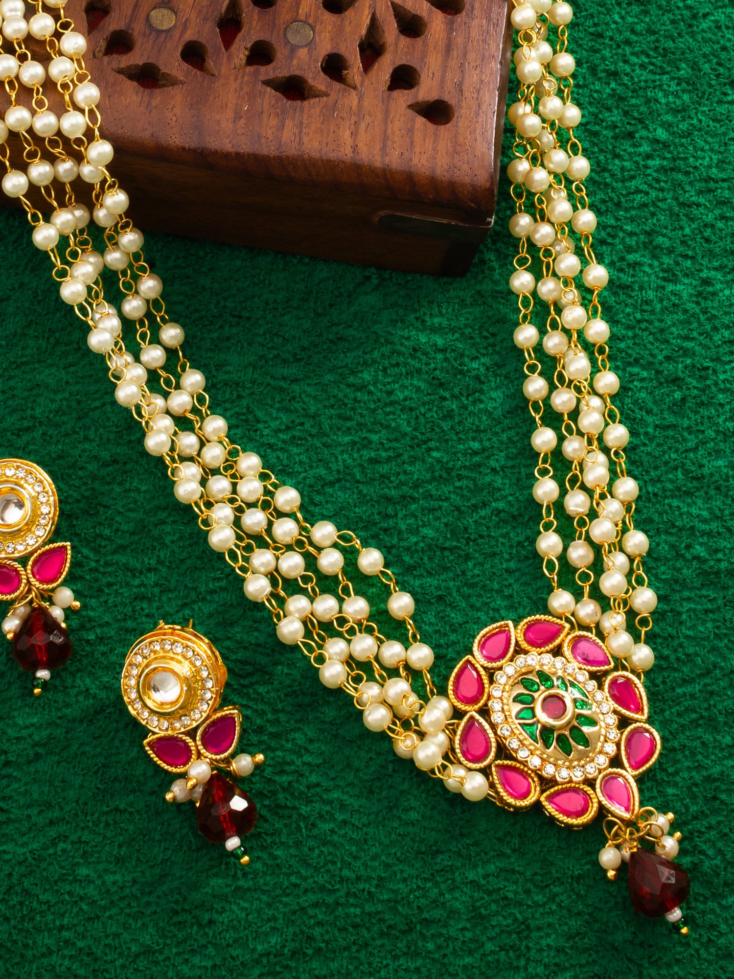 Aadita Red & Green Kundan Gold Plated Pearl Layered Necklace Set