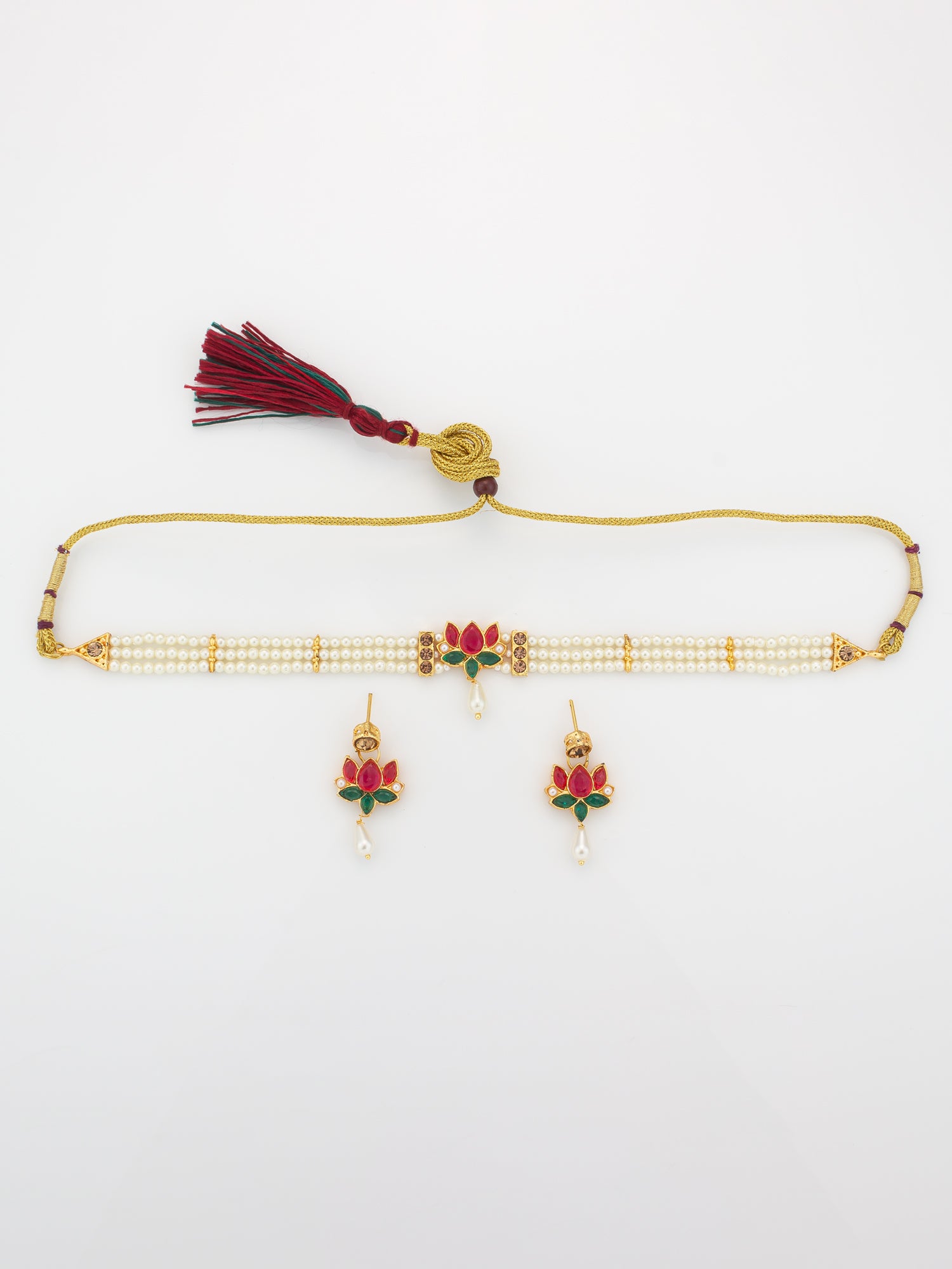 Aadita Gold Plated Pearl Beaded Lotus Design Choker Necklace Set for Women