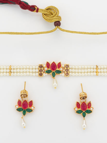 Aadita Gold Plated Pearl Beaded Lotus Design Choker Necklace Set for Women