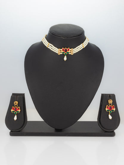 Aadita Gold Plated Pearl Beaded Lotus Design Choker Necklace Set for Women