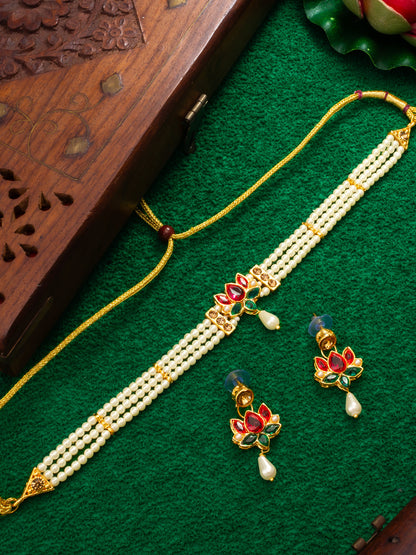 Aadita Gold Plated Pearl Beaded Lotus Design Choker Necklace Set for Women